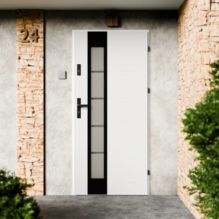 Drzwi zewnętrzne stalowe do domu Sanda Black 72mm z klamką czarną energooszczędne Ud=1.3 lustro weneckie szyba mleczna Program Czyste Powietrze