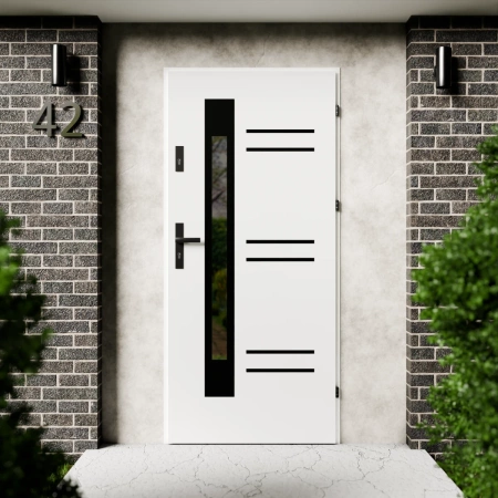 Drzwi zewnętrzne stalowe do domu Pina Black 72mm z klamką czarną energooszczędne Ud=1.3 lustro weneckie szyba mleczna Program Czyste Powietrze