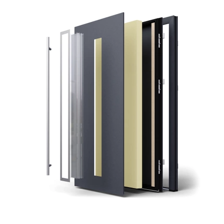 Drzwi zewnętrzne wejściowe 82 mm stalowe z czarną ramą aluminiową DS82 przeszklone z czarnymi okuciami antracyt db703 Program Czyste Powietrze M34