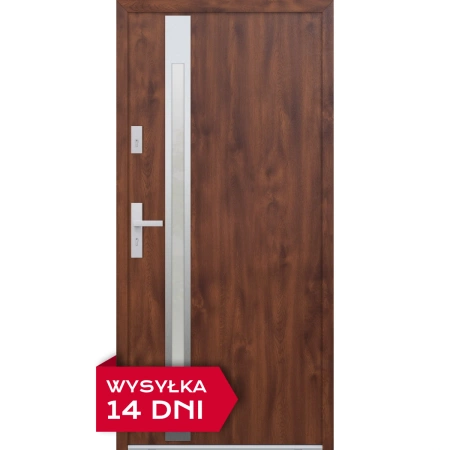 Drzwi zewnętrzne do domu stalowo aluminiowe 68 mm z szybą i klamką inox ATU68 orzech Program Czyste Powietrze M514