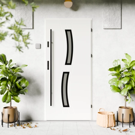 Drzwi zewnętrzne stalowe do domu Twista Black 72mm z antabą/pochwytem energooszczędne Ud=1.3 lustro weneckie szyba mleczna Program Czyste Powietrze