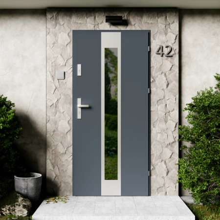 Drzwi zewnętrzne stalowe do domu Modern Inox 72mm z klamką energooszczędne Ud=1.3 przeszklone lustro weneckie szyba mleczna Program Czyste Powietrze