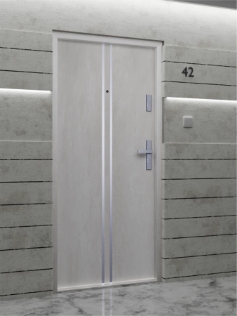 Drzwi wewnątrzklatkowe antywłamaniowe w klasie RC4 55 mm stalowe z klamką i zawiasami srebrnymi inox beton A7