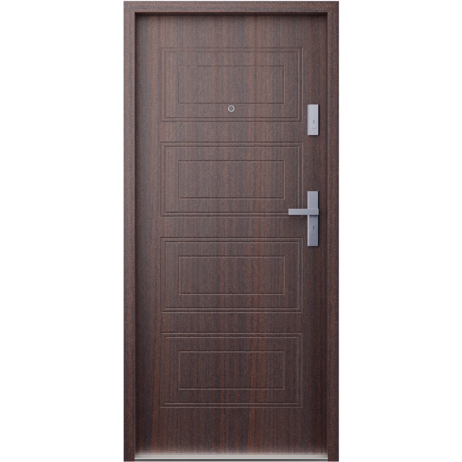 Drzwi wewnątrzklatkowe antywłamaniowe RC3 z Certyfikatem akustyczne wyciszające 47 dB 55 mm stalowe z tłoczeniami z klamką inox srebrną mahoń T34