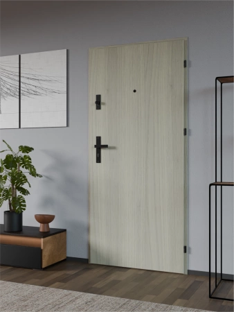 Drzwi wewnątrzklatkowe antywłamaniowe RC3 z Certyfikatem akustyczne wyciszające 47 dB 55 mm stalowe z klamką czarną i aplikacjami dąb sheffield A7