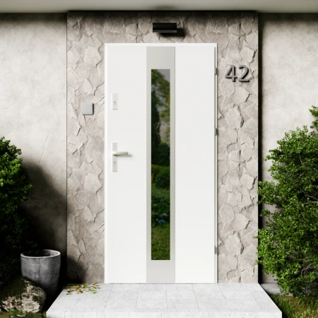 Modern Inox CK drzwi zewnętrzne 72 mm z klamką energooszczędne Ud-1.3 przeszklone lustro weneckie szyba mleczna Program Czyste Powietrze
