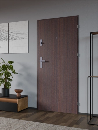 Drzwi wewnątrzklatkowe antywłamaniowe RC3 z Certyfikatem akustyczne wyciszające 47 dB 55 mm stalowe gładkie z klamką inox srebrną mahoń G00