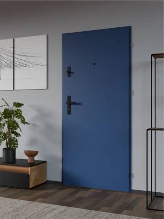 Drzwi wewnątrzklatkowe antywłamaniowe RC3 z Certyfikatem akustyczne wyciszające 47 dB 55 mm stalowe gładkie z klamką czarną niebieskie G00