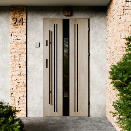 Drzwi zewnętrzne stalowe do domu Elegant Black 72mm z antabą/pochwytem energooszczędne Ud=1.3 lustro weneckie szyba mleczna Program Czyste Powietrze