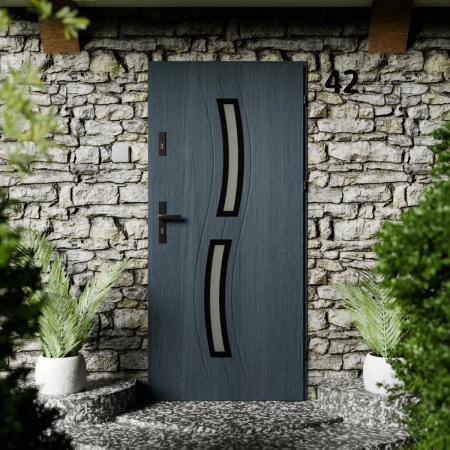 Drzwi zewnętrzne stalowe do domu Twista Black 72mm z klamką czarną energooszczędne Ud=1.3 lustro weneckie szyba mleczna Program Czyste Powietrze
