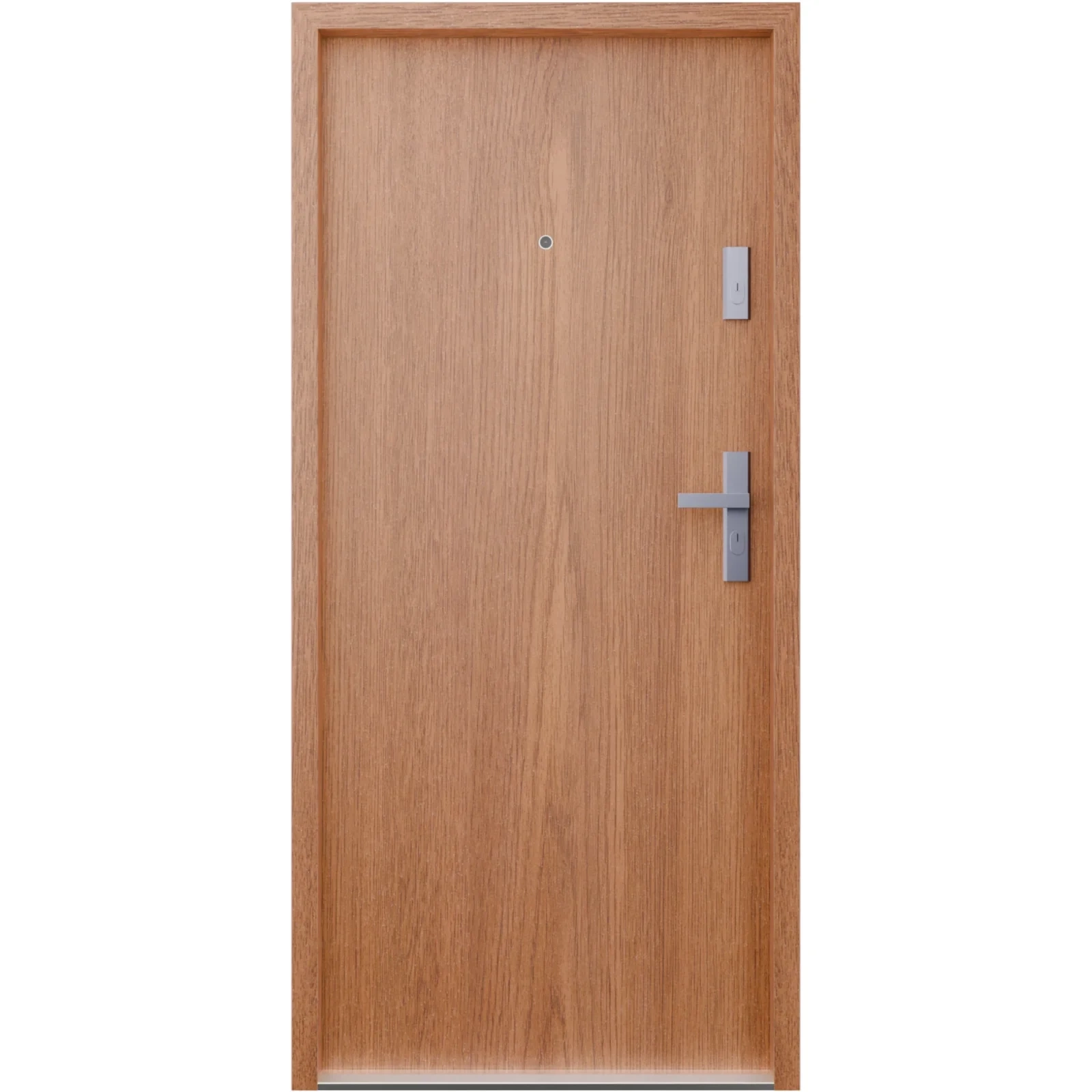 Drzwi klatkowe wejściowe do mieszkania w bloku antywłamaniowe RC3 wygłuszające 47 dB 55 mm stalowe gładkie z klamką inox srebrną złoty dąb G00