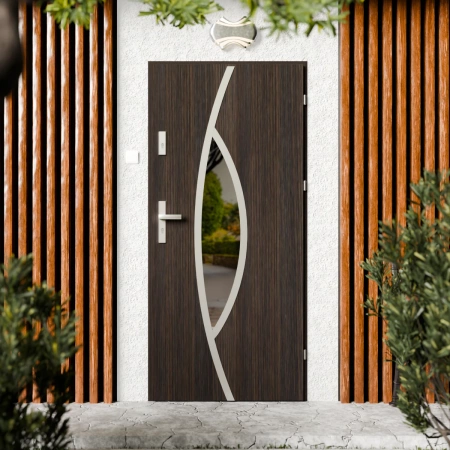 Drzwi zewnętrzne stalowe do domu Maestro Inox 72mm z klamką srebrną energooszczędne Ud=1.3 lustro weneckie szyba mleczna Program Czyste Powietrze