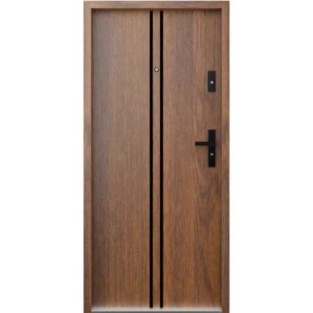 Drzwi wewnątrzklatkowe antywłamaniowe RC3 z Certyfikatem akustyczne wyciszające 47 dB 55 mm stalowe z klamką czarną i aplikacjami orzech A7