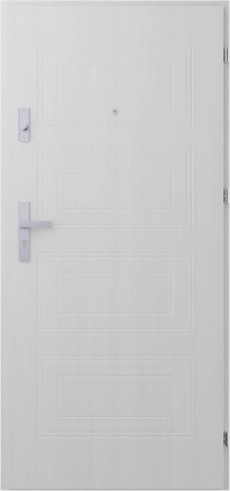 Drzwi wewnątrzklatkowe akustyczne wyciszające 47 dB antywłamaniowe RC3 55 mm stalowe z tłoczeniami z klamką inox srebrną biały drewnopodobny T34