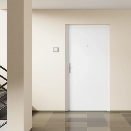 Drzwi klatkowe wejściowe do mieszkania w bloku z ościeżnicą akustyczne wyciszające 44 dB antywłamaniowe RC3 dymoszczelne 68mm stalowe białe M00