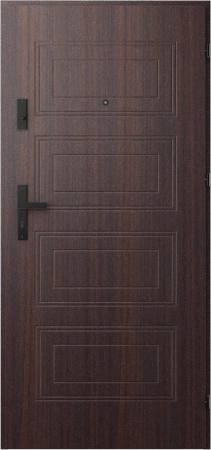 Drzwi wewnątrzklatkowe antywłamaniowe RC3 z Certyfikatem akustyczne wyciszające 47 dB 55 mm stalowe z tłoczeniami z klamką czarną mahoń T34