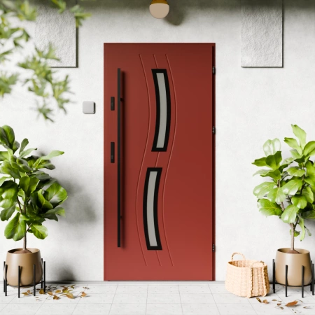 Drzwi zewnętrzne stalowe do domu Twista Black 72mm z antabą/pochwytem energooszczędne Ud=1.3 lustro weneckie szyba mleczna Program Czyste Powietrze