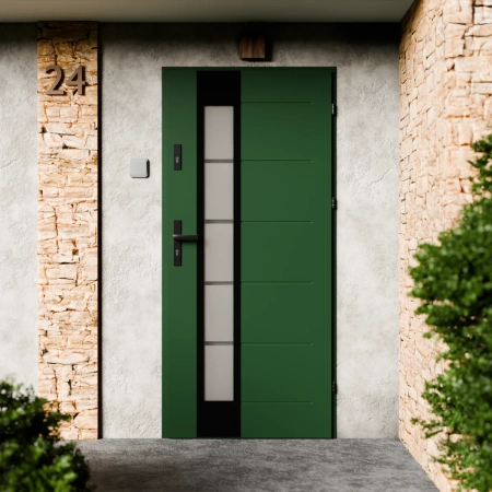 Drzwi zewnętrzne stalowe do domu Sanda Black 72mm z klamką czarną energooszczędne Ud=1.3 lustro weneckie szyba mleczna Program Czyste Powietrze