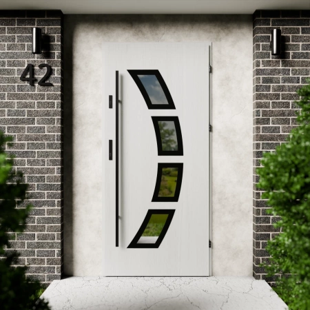 Drzwi zewnętrzne stalowe do domu Cinea Black 72mm z antabą/pochwytem energooszczędne Ud=1.3 lustro weneckie szyba mleczna Program Czyste Powietrze