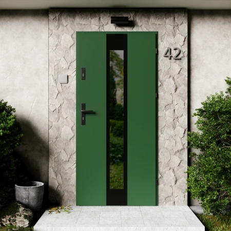 Drzwi zewnętrzne stalowe do domu Modern Black 72mm z klamką czarną energooszczędne Ud=1.3 lustro weneckie szyba mleczna Program Czyste Powietrze