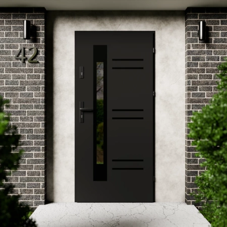 Drzwi zewnętrzne stalowe do domu Pina Black 72mm z klamką czarną energooszczędne Ud=1.3 lustro weneckie szyba mleczna Program Czyste Powietrze