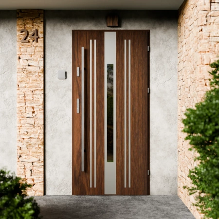 Drzwi zewnętrzne stalowe do domu Elegant Inox 72mm z antabą/pochwytem energooszczędne Ud=1.3 lustro weneckie szyba mleczna Program Czyste Powietrze