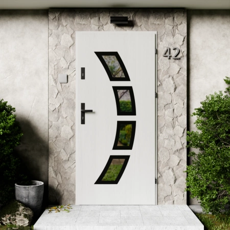 Drzwi zewnętrzne stalowe do domu Cinea Black 72mm z klamką czarną energooszczędne Ud=1.3 lustro weneckie szyba mleczna Program Czyste Powietrze