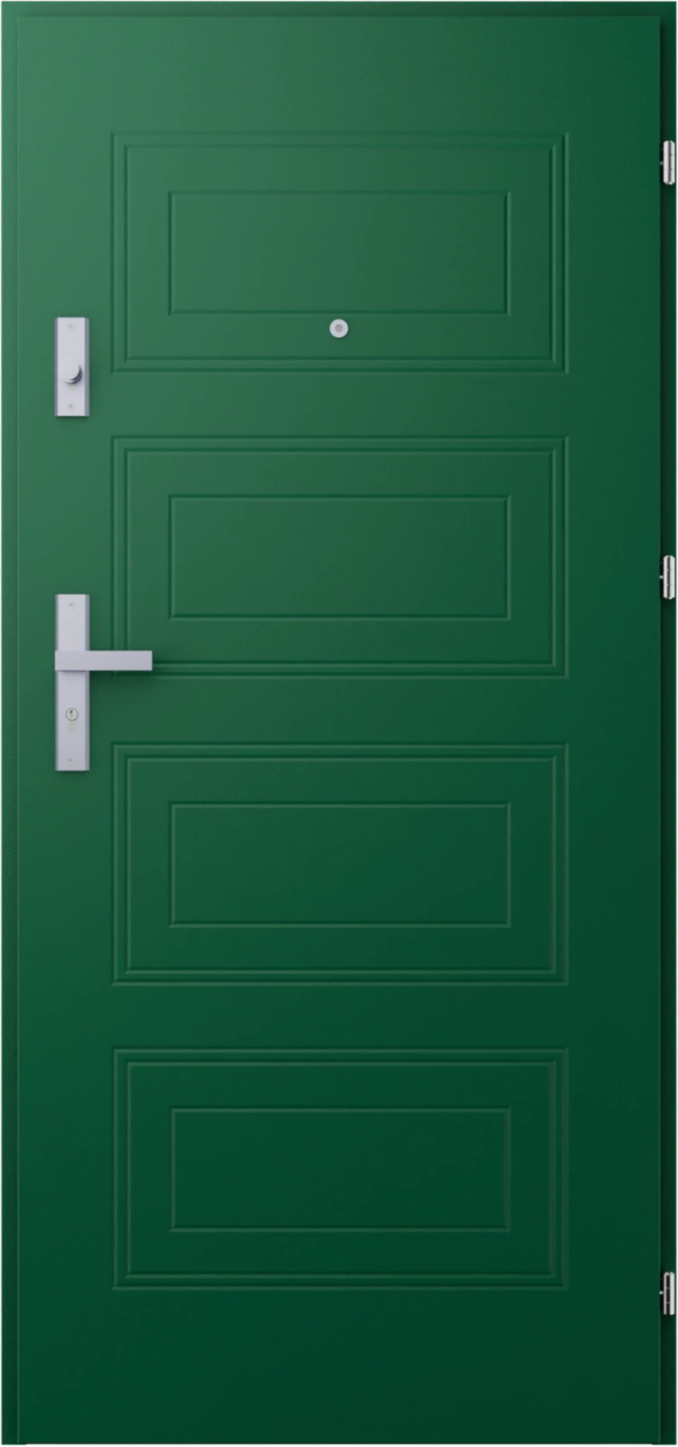 Drzwi wewnątrzklatkowe antywłamaniowe w klasie RC4 55 mm stalowe z klamką i zawiasami srebrnymi inox zielone T34