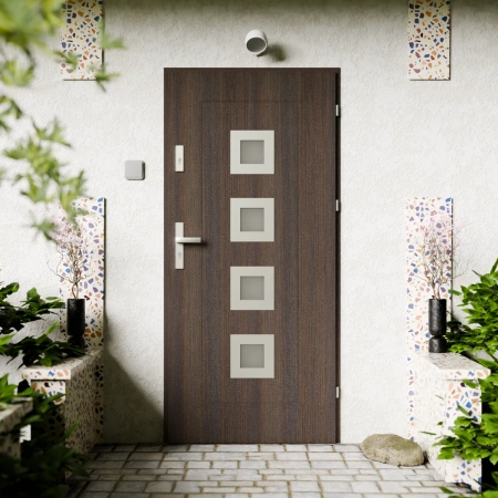 Quarto Inox CK drzwi zewnętrzne 72 mm z klamką energooszczędne U <= 1.3 przeszklone lustro weneckie szyba mleczna Program Czyste Powietrze