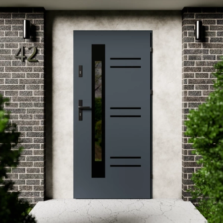 Drzwi zewnętrzne stalowe do domu Pina Black 72mm z klamką czarną energooszczędne Ud=1.3 lustro weneckie szyba mleczna Program Czyste Powietrze