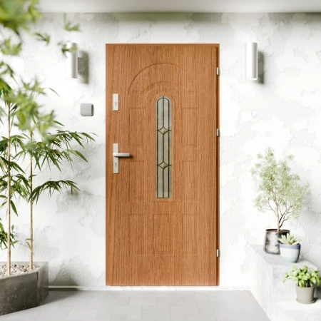 Drzwi zewnętrzne stalowe do domu Retro Inox 72mm z klamką srebrną energooszczędne Ud=1.3 z szybą Program Czyste Powietrze