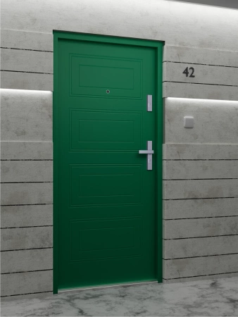 Drzwi wewnątrzklatkowe antywłamaniowe w klasie RC4 55 mm stalowe z klamką i zawiasami srebrnymi inox zielone T34