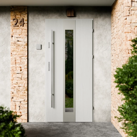 Drzwi zewnętrzne stalowe do domu Modern Inox 72mm z antabą/pochwytem energooszczędne Ud=1.3 lustro weneckie szyba mleczna Program Czyste Powietrze