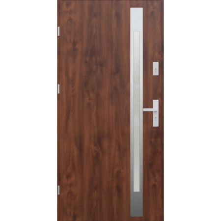 Drzwi zewnętrzne do domu stalowo aluminiowe 68 mm z szybą i klamką inox ATU68 orzech Program Czyste Powietrze M514