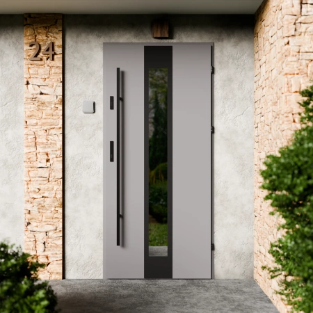 Drzwi zewnętrzne stalowe do domu Modern Black 72mm z antabą/pochwytem energooszczędne Ud=1.3 lustro weneckie szyba mleczna Program Czyste Powietrze