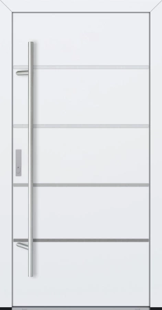 Drzwi zewnętrzne wejściowe do domu stalowo aluminiowe 82 mm DS82 pełne z okuciami i aplikacjami inox białe Program Czyste Powietrze M02