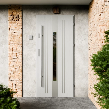 Drzwi zewnętrzne stalowe do domu Elegant Inox 72mm z antabą/pochwytem energooszczędne Ud=1.3 lustro weneckie szyba mleczna Program Czyste Powietrze