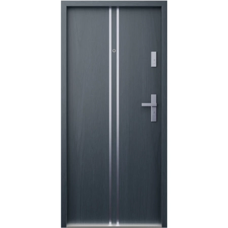 Drzwi wewnątrzklatkowe akustyczne wyciszające 47 dB antywłamaniowe RC3 55 mm stalowe z klamką inox srebrną i aplikacjami antracyt drewnopodobny A7