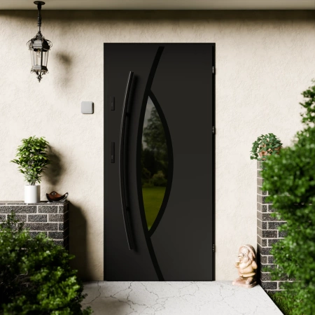 Drzwi zewnętrzne stalowe do domu Maestro Black 72mm z antabą/pochwytem energooszczędne Ud=1.3 lustro weneckie szyba mleczna Program Czyste Powietrze