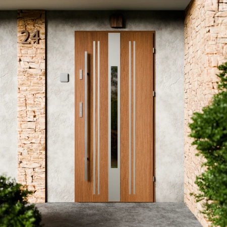 Drzwi zewnętrzne stalowe do domu Elegant Inox 72mm z antabą/pochwytem energooszczędne Ud=1.3 lustro weneckie szyba mleczna Program Czyste Powietrze