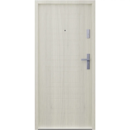 Drzwi wewnątrzklatkowe akustyczne wyciszające 47 dB antywłamaniowe RC3 55 mm stalowe z tłoczeniami z klamką inox srebrną dąb sheffield T34