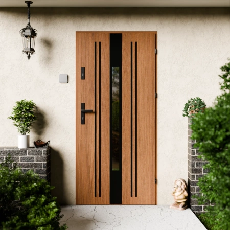 Drzwi zewnętrzne stalowe do domu Elegant Black 72mm z klamką czarną energooszczędne Ud=1.3 lustro weneckie szyba mleczna Program Czyste Powietrze