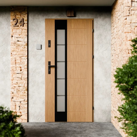 Drzwi zewnętrzne stalowe do domu Sanda Black 72mm z klamką czarną energooszczędne Ud=1.3 lustro weneckie szyba mleczna Program Czyste Powietrze
