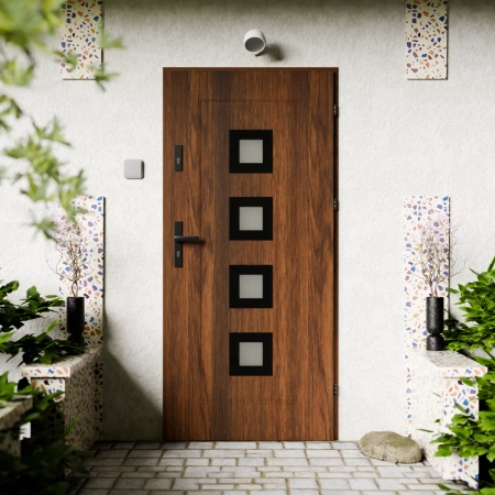 Drzwi zewnętrzne stalowe do domu Quarto Black 72mm z klamką czarną energooszczędne Ud=1.3 reflex szary szyba mleczna Program Czyste Powietrze