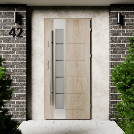 Drzwi zewnętrzne stalowe do domu Sanda Inox 72mm z antabą/pochwytem energooszczędne Ud-1.3 lustro weneckie szyba mleczna Program Czyste Powietrze