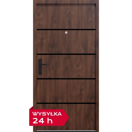 Drzwi wewnątrzklatkowe akustyczne 44 dB atestowane wyciszające stalowe antywłamaniowe RC3 68 mm dymoszczelne czarna klamka orzech M02