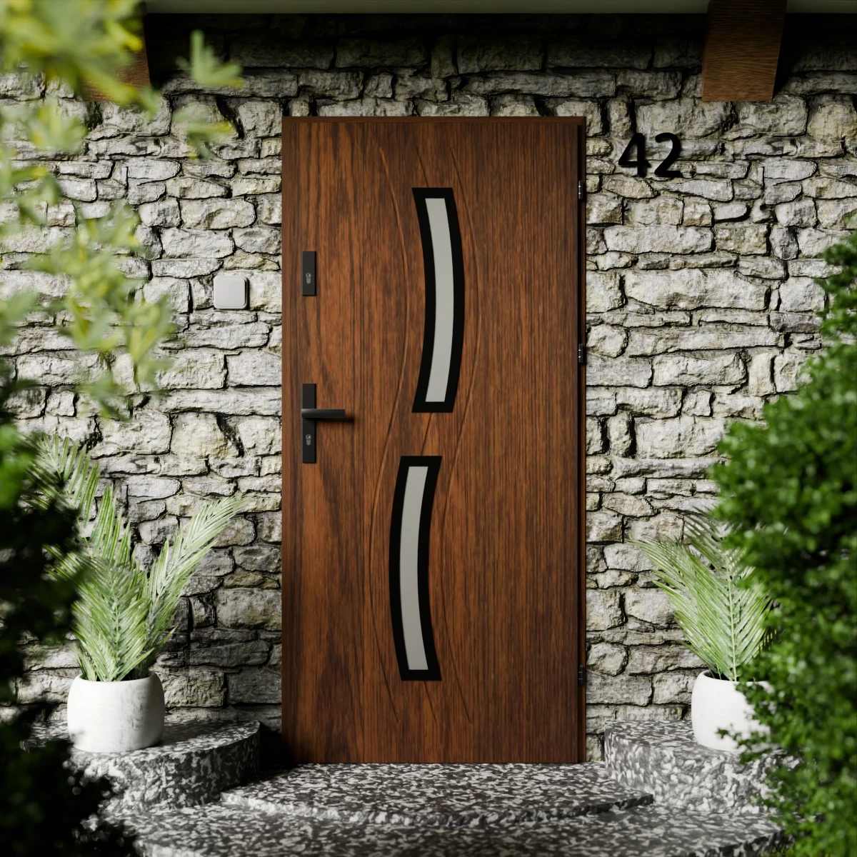 Drzwi zewnętrzne stalowe do domu Twista Black 72mm z klamką czarną energooszczędne Ud=1.3 lustro weneckie szyba mleczna Program Czyste Powietrze