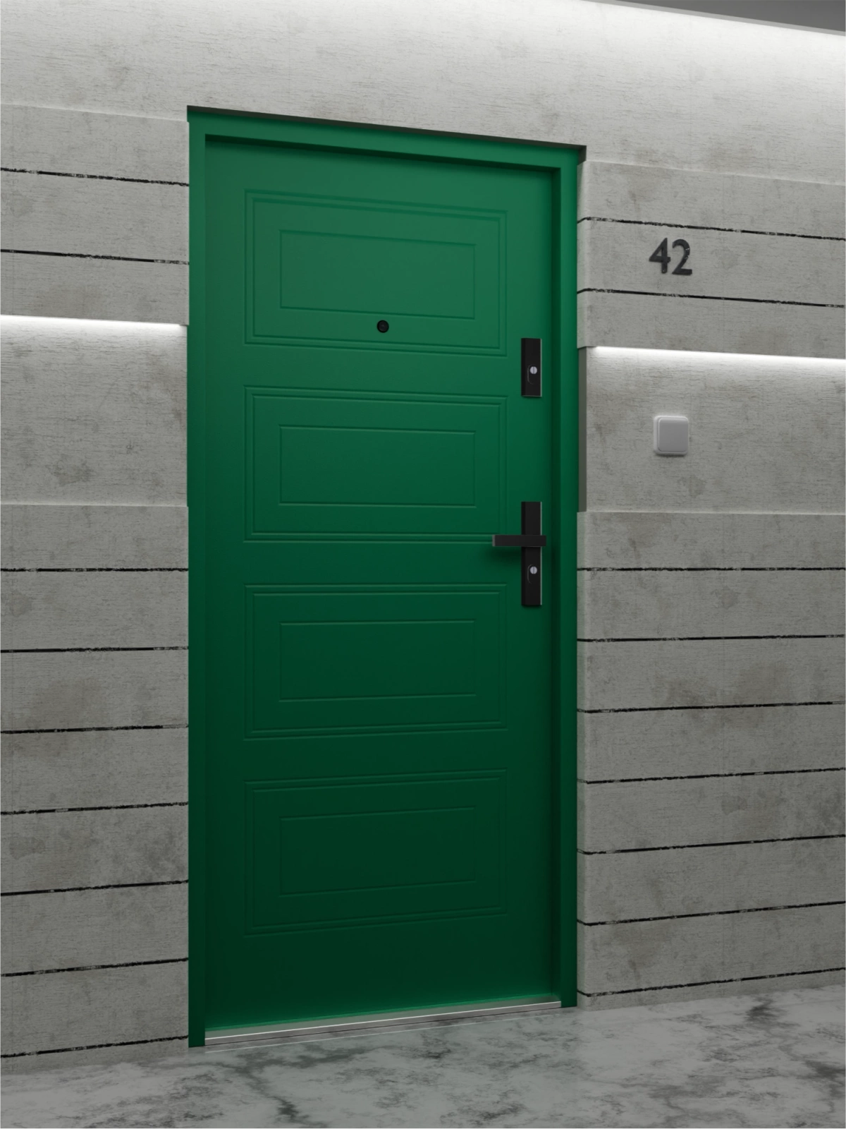 Ekonomiczne drzwi wewnątrzklatkowe wejściowe do mieszkania z klatki schodowej 55 mm stalowe zielone T34