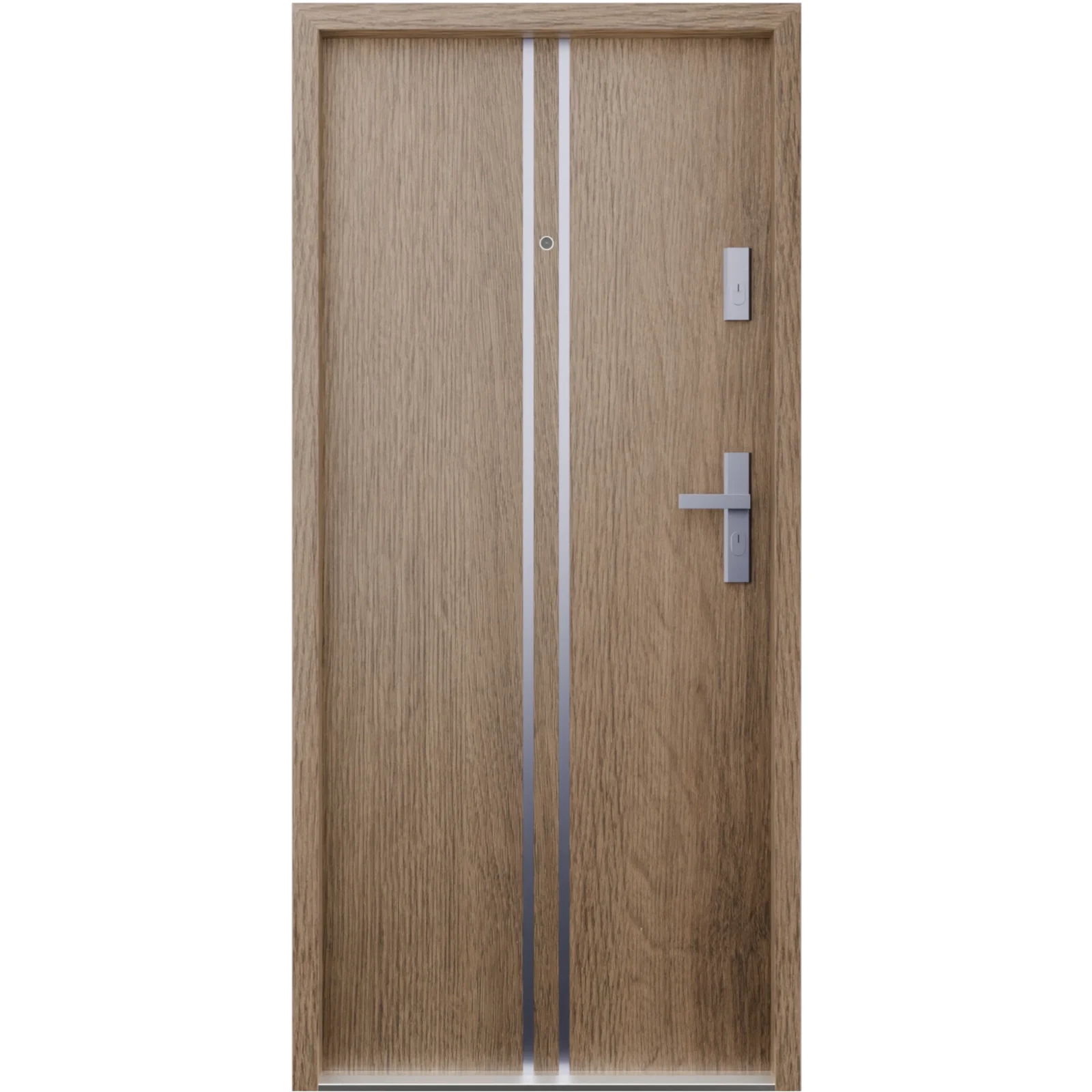 Drzwi wewnątrzklatkowe antywłamaniowe w klasie RC4 55 mm stalowe z klamką i zawiasami srebrnymi inox dąb trufla A7