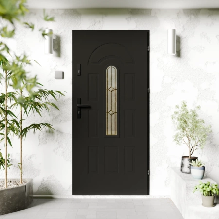Drzwi zewnętrzne stalowe do domu Retro Black 72mm z klamką czarną energooszczędne Ud=1.3 z szybą Program Czyste Powietrze